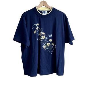 Pleasant Shade navy yellow double collared vintage retro floral shirt women's 2X